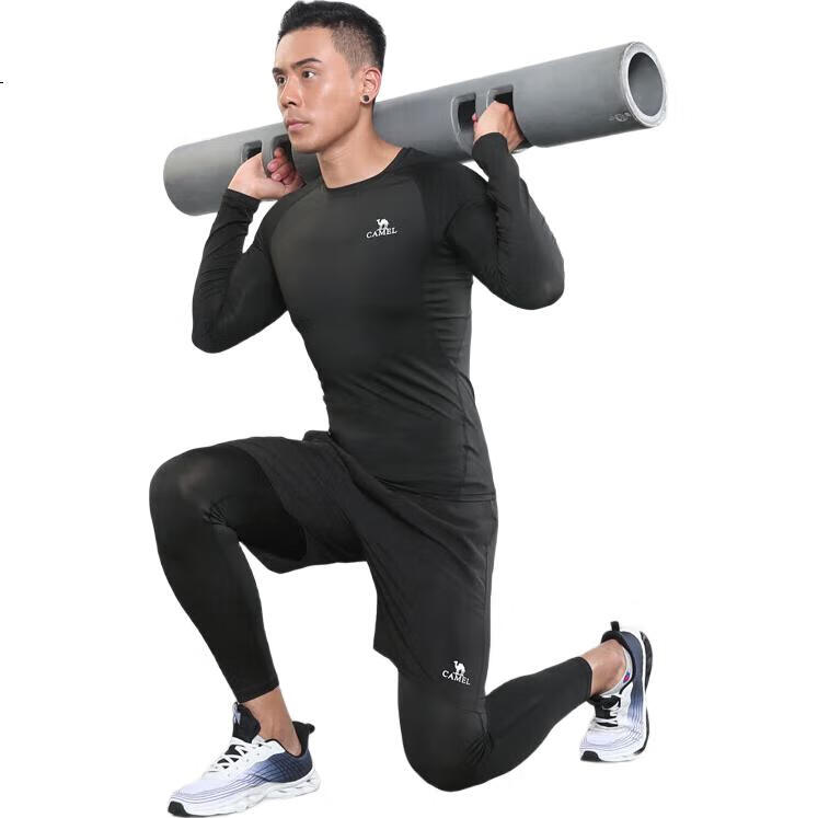 CAMEL Fitness Пятикомпонентный спортивный костюм для мужчин, быстросохнущий, для бега и тренировок, черный, размер XL