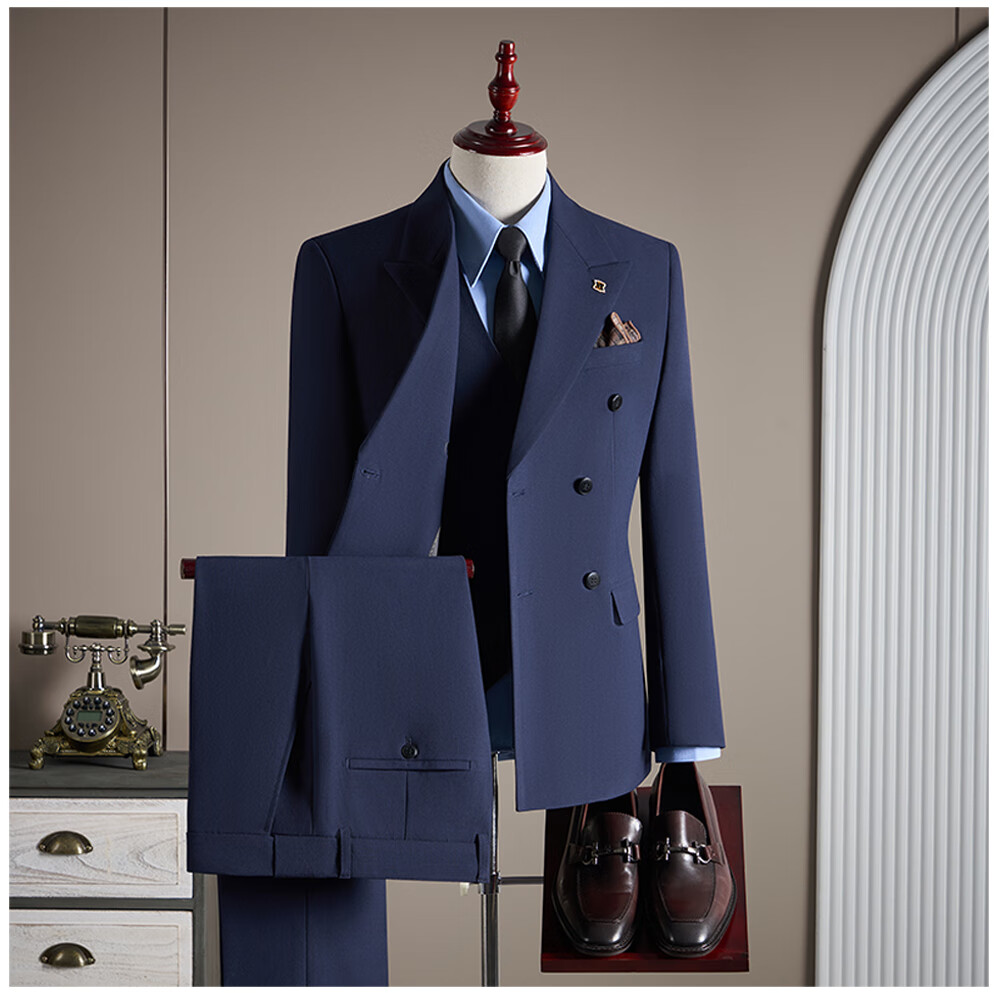 ROMON Men's Business Suit Set Blazer + Vest + Trousers Double-Breasted Casual Navy Blue 3XL 13