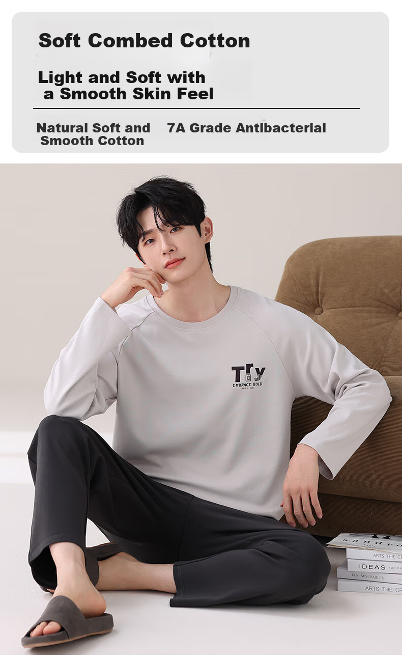 BOPRUIEY Men's Pajamas Spring And Summer 7A Antibacterial And Anti-Mite Cotton Long-Sleeve Long Pants Loose Simple Wearable Loungewear Set 1