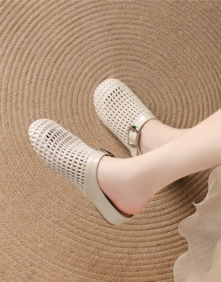 ZHR Zese Women's French Style Woven Beach Sandals, Height-Increasing Half Slippers, Summer Outdoor Wear with Skirts, Beige K361 Size 38 10