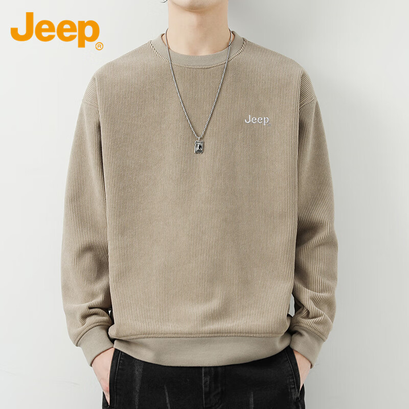 JEEP Men's Sweatshirt, Loose-Fitting Long-Sleeve T-Shirt for Spring And Autumn, Heavyweight Trendy Top, Men's Clothing, Khaki, Size L