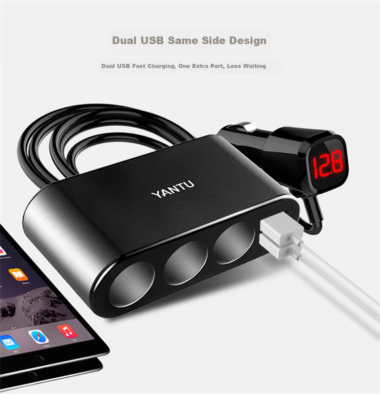 Yantu Car Charger Super Fast Charging Cigarette Lighter Adapter Three-In Dual USB Voltage Detection LED Black B08 6