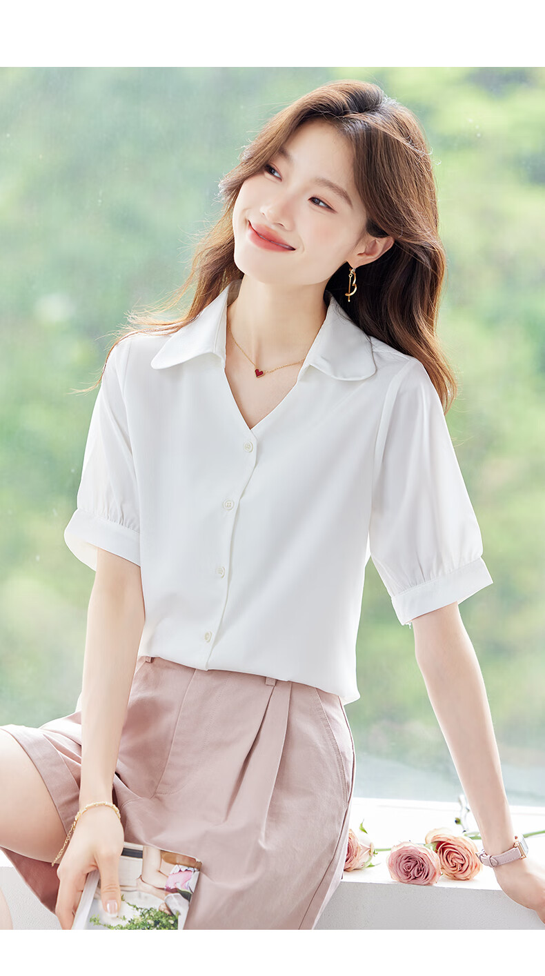 Jeanswest Women's Summer Professional Fashion Elegant Short Sleeve Formal Polo Collar Button Cardigan Top White M 12