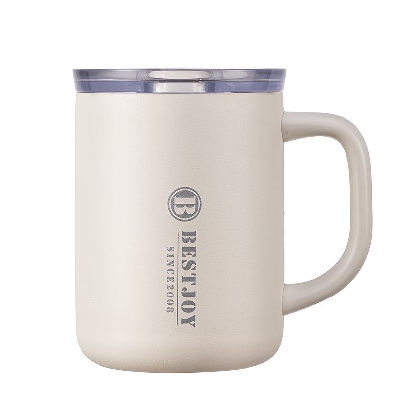 FUGURNG BESTJOY Insulated Mug with Handle, Enamel Inner Liner, Dual-Use Mug, Office Coffee Tea Cup, Water Tumbler, 450ml, White