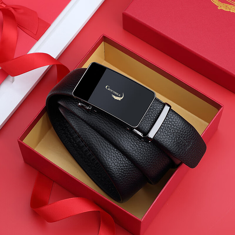 CROCODILE Top-Grain Leather Fashion Automatic Buckle Men's Belt, Business Simple Waistband Gift for Men T3867 Black