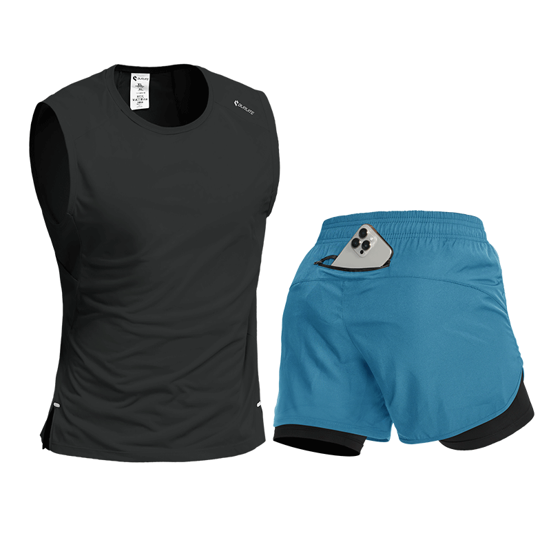 BURUITE Men's Running Sports Set Ice Silk Vest T-Shirt Quick-Dry Loose Marathon Track and Field Training Fitness Shorts