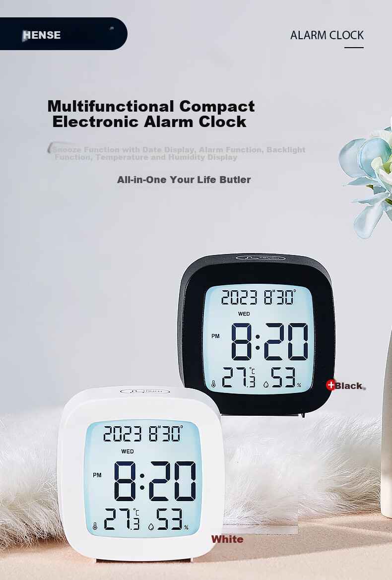 Hense Desktop Electronic Alarm Clock for Students, Multi-Functional Bedside Clock with Temperature And Humidity Display, Quiet Operation, Children's Digital Clock for Bedroom HA2306 White 1