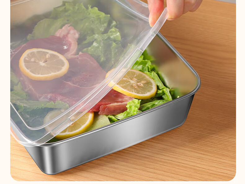 BJ 304 Extra Thick Stainless Steel Rectangular Tray, Serving Tray, Street Vending Tray, Cold Dish Tray, Barbecue Plate, Large Food Storage Container with Lid, Set of 3 6