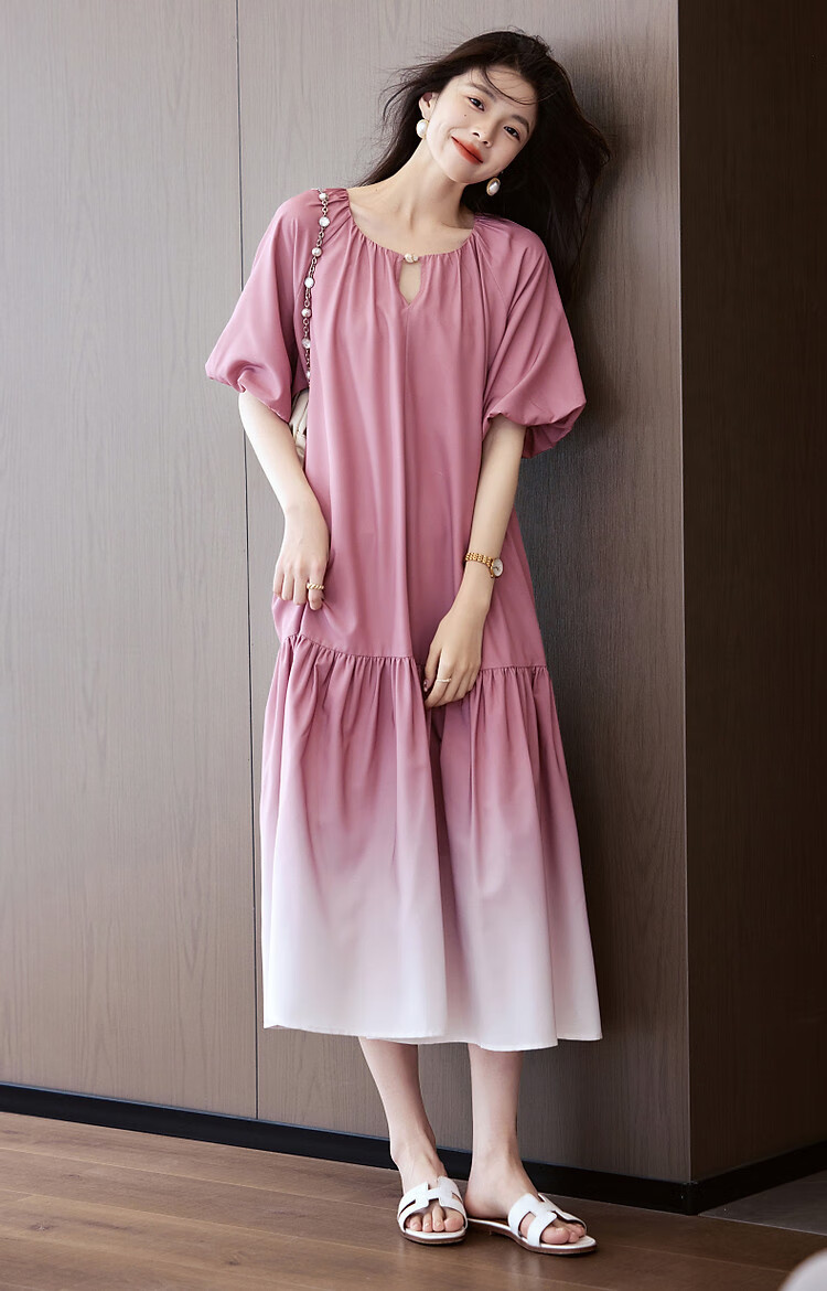 Dme [Ou Ruo Feng Girl] Summer Elegant Gradient Printed Lantern Sleeve Hollow Lace Tie A-Line Women's Dress 10