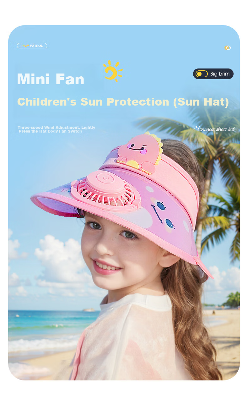 GLO-STORY Summer Children's Sun Hat, Wide Brim Fan Visor Cap, Cartoon Dinosaur Sun Protection Hat, Fan Style - Light Blue 1