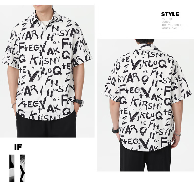CLOR American Style Ice Silk Men's Spring and Autumn Printed Short Sleeve Shirt Loose Fit Five-Sleeve CLCX12 Cool Letter 2XL 3