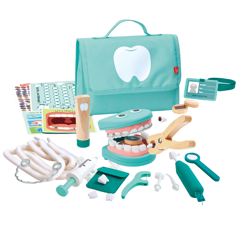 Hape Baby Pretend Play Toy, Scene Simulation, Realistic Learning, Brushing Teeth, Smiling Dentist Clinic Set E3227