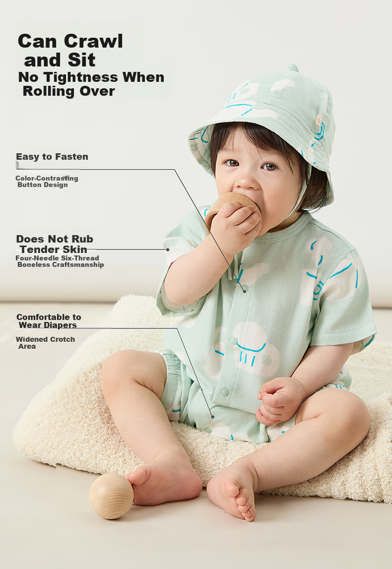 Papa Summer Infant Bamboo Cotton Romper for Boys And Girls, Short-Sleeve Gauze Printed Onesie, Breathable, Blue, 66cm 6