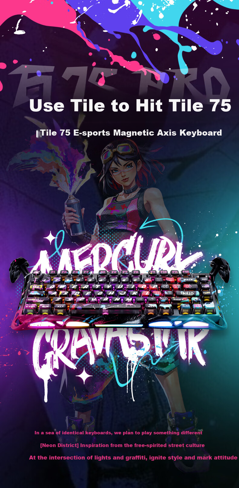 GravaStar W75 Magnetic Switch Keyboard, E-Sports Gaming Mechanical Keyboard, Customizable Wired Single-Mode Aluminum Block Keyboard for VALORANT, W75 PRO Neon District 1