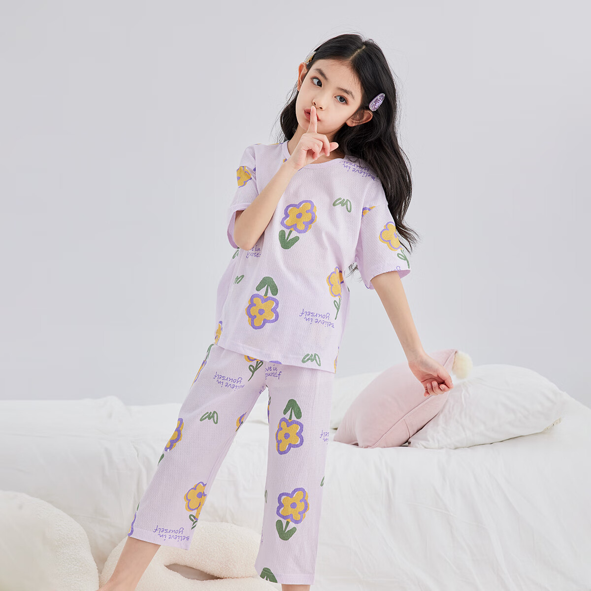 DEESHA [7A Antibacterial Cotton Mesh Jacquard] Girls' Lightweight Breathable Five-Quarter Sleeve Eight-Eight Shorts Pajama Set Air Conditioning Wear