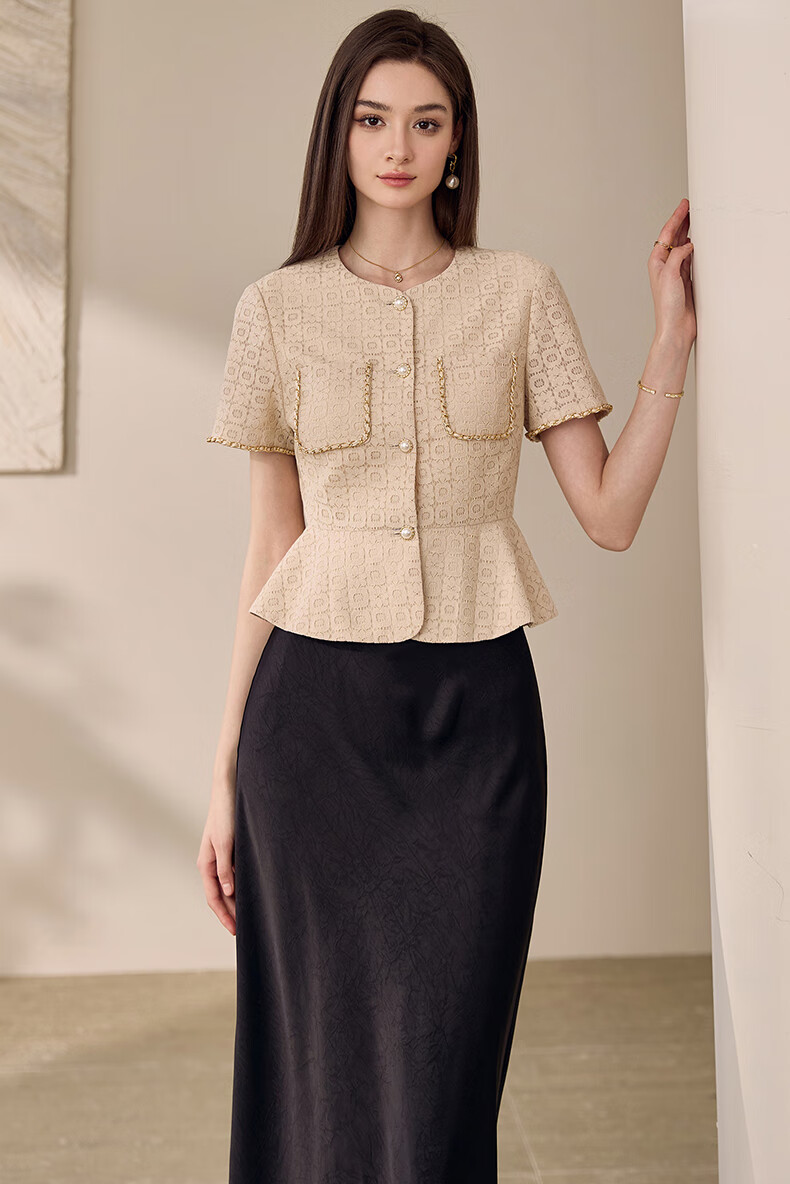 ROEYSHOUSE Lace Waist-Cinching Short Jacket for Women Summer Elegant Slim Ruffle Hem Top 11908 Apricot M 1