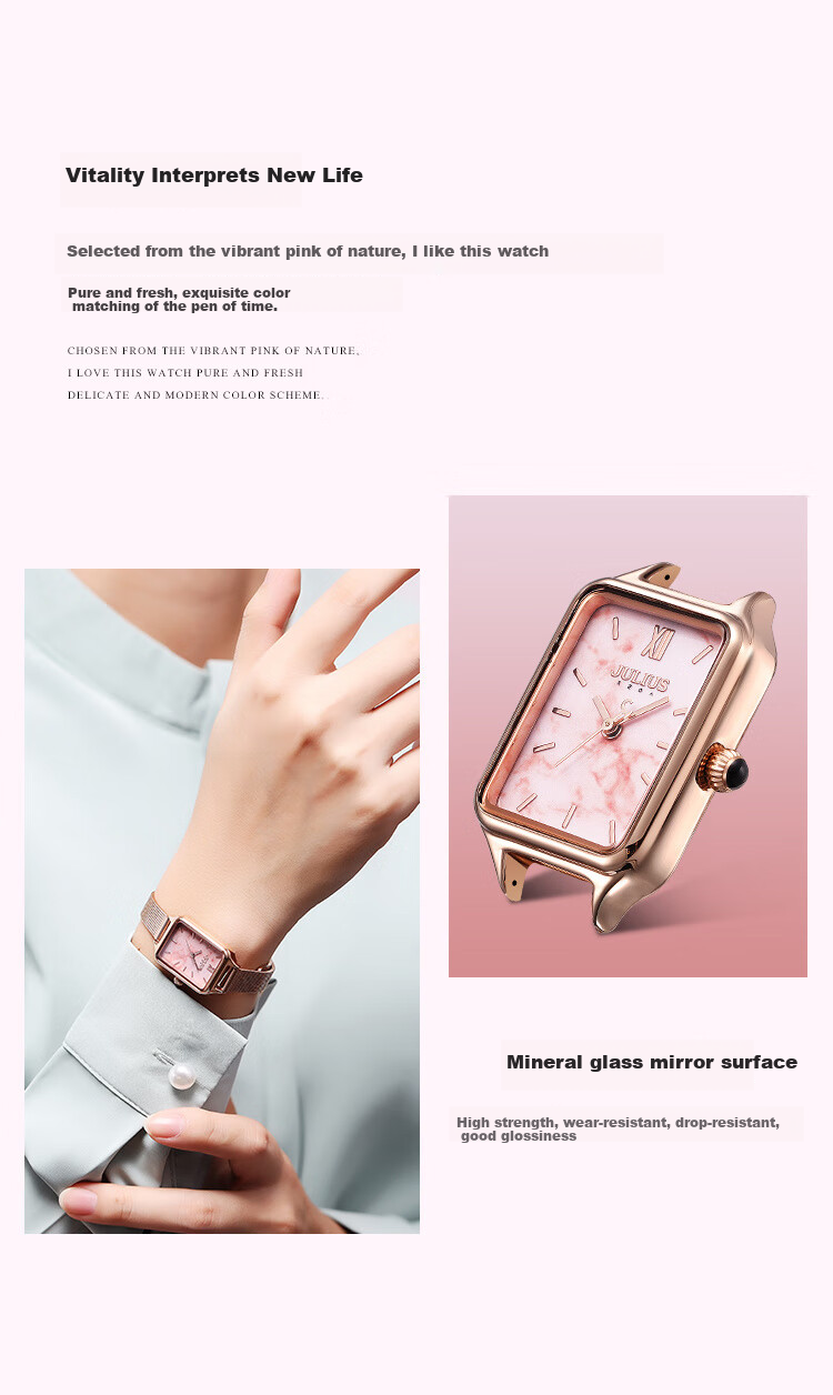 Julius Women's Watch, Simple And Elegant Dial, Fashionable Instagram Style, Waterproof Student Ladies' Watch with Rose Strap, Pink Dial JA-1267A 5