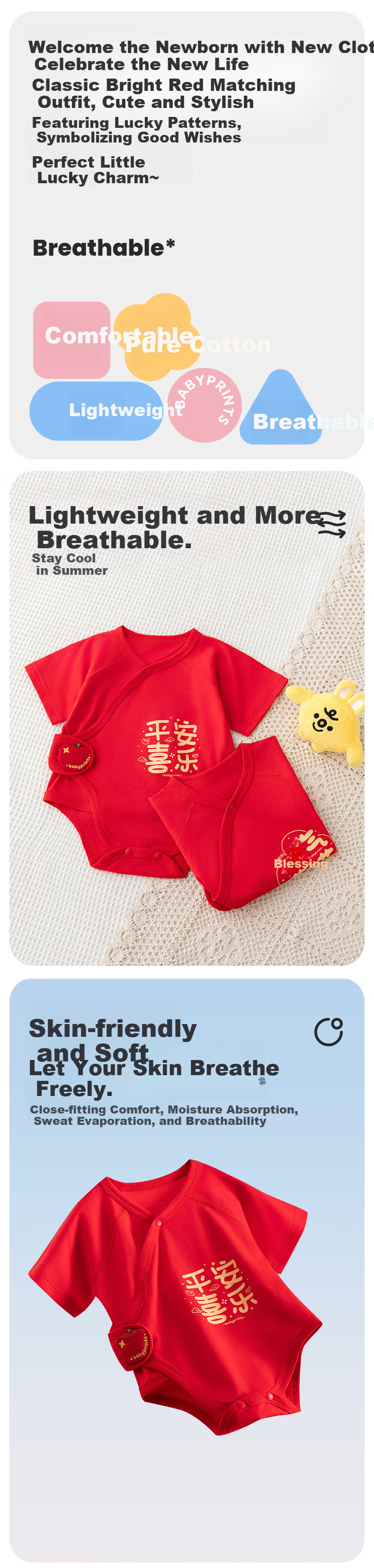 Babyprints Newborn Onesie, Baby Short-Sleeve Bodysuit, Pure Cotton Red Full Moon Outfit, Thin Triangle Romper, Xile 59 1