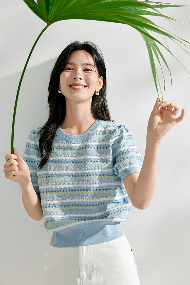 INMAN [Showroom Style] Suoluna Cool-Feeling Striped Short-Sleeve Women's Top, Summer 2026 Knitted Sweater, Yellow, Size L 1