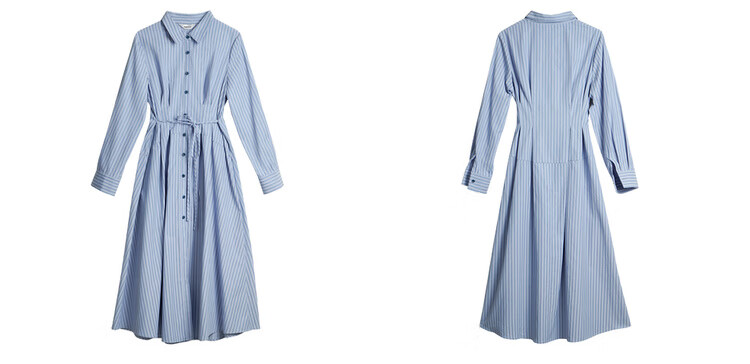 Oulain Autumn Women's Wear, Commuter Blue Striped Waist-Cinching Shirt Dress, Slimming Long Skirt, Blue Stripes, Size S 12