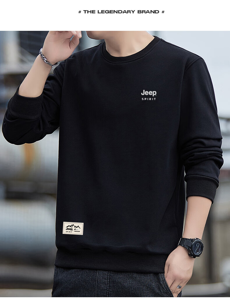 JEEP SPIRIT Sweatshirt for Men, Spring And Autumn Fashion Round Neck Long Sleeve T-Shirt, Loose Versatile Casual Pullover for Men, Black 4XL 6
