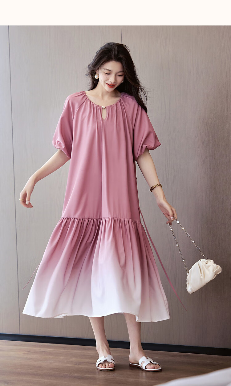 Dme [Ou Ruo Feng Girl] Summer Elegant Gradient Printed Lantern Sleeve Hollow Lace Tie A-Line Women's Dress 12