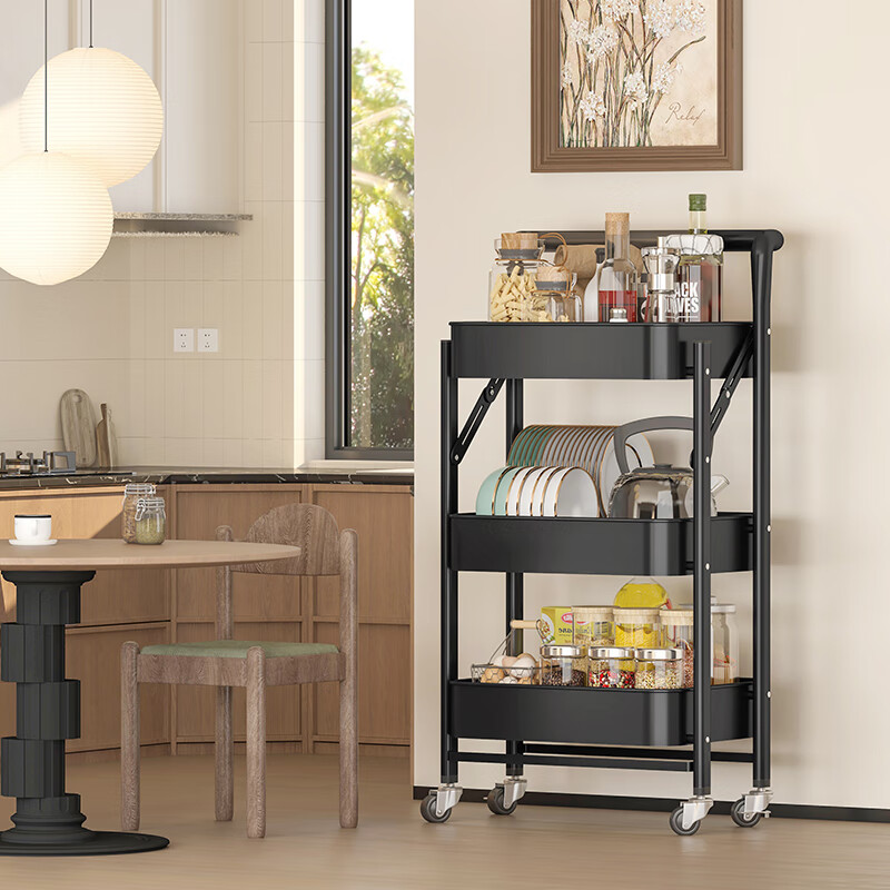 QIAONAMEI Portable Kitchen Storage Rack No-Installation Floor Cart Snack Folding Three-Tier Storage Rack QNM1860-BK