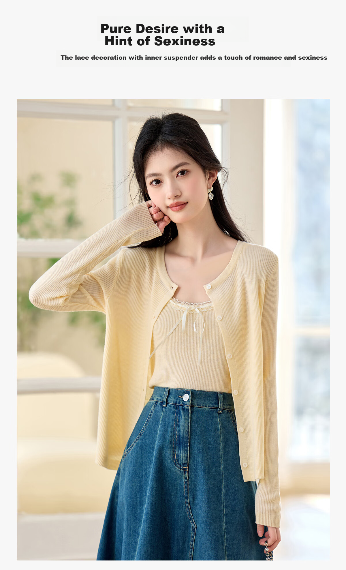 PinCai Knitted Cardigan for Women, Lace Design Inner Vest Two-Piece Set, Thin Knit Outer Jacket P52Z074 9