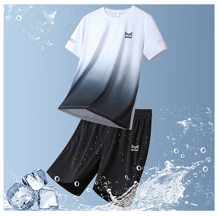 MiiOW Men's Summer Ice Cooling Breathable Crew Neck T-Shirt and Casual Versatile Five-Point Pants Two-Piece Set Black Gray XL 10