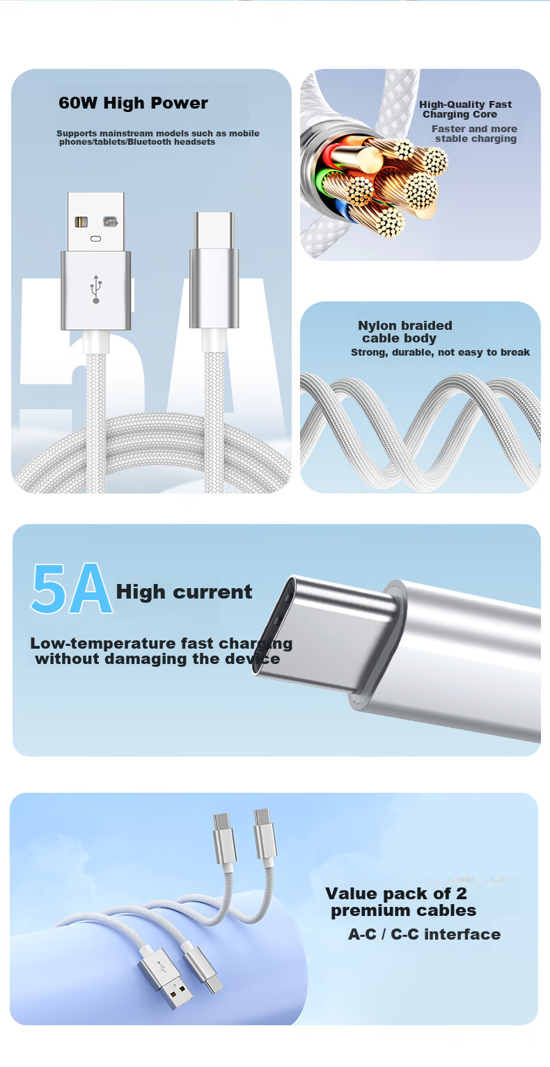 KY Kangyou Data Cable Type-C Charging Cable 2-Pack Super Fast Charging 60W Compatible with 66W Suitable for Huawei Xiaomi Apple 15/16 Silver White 1 Meter 2