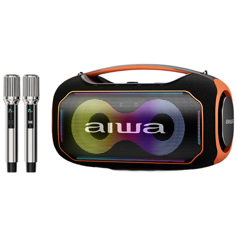 Aiwa AH-28 [High-End Hall-Quality Sound], Bluetooth Speaker with Dual Microphones, Integrated KTV Colorful Lights, Outdoor And Home Karaoke Speaker, Portable Square Dance Subwoofer, Black And Orange