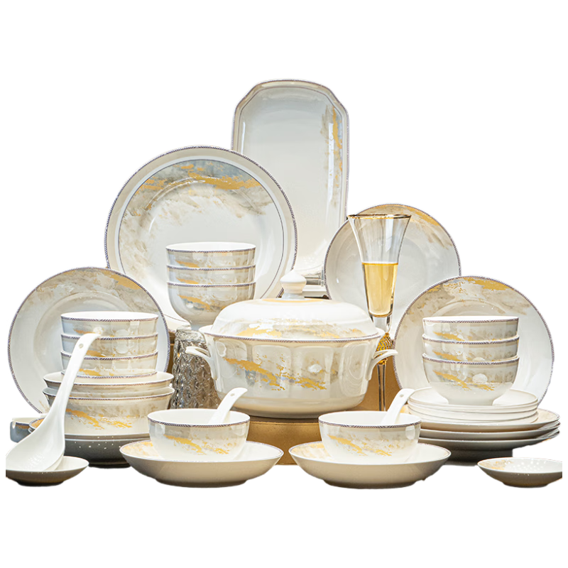 JD Original Bowl And Plate Tableware Set, Ceramic Gift Box Set for Home Use And Housewarming Celebration, "Jiangshan Ruhua" 88-Piece Set