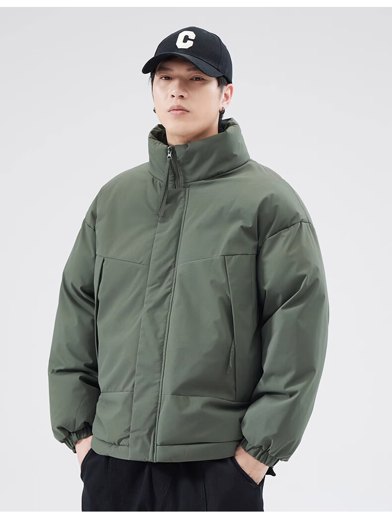 Cotton Casual Men's Winter Solid Color Stand Collar Cotton Jacket Warm Cotton Padded Coat Black 2XL 15