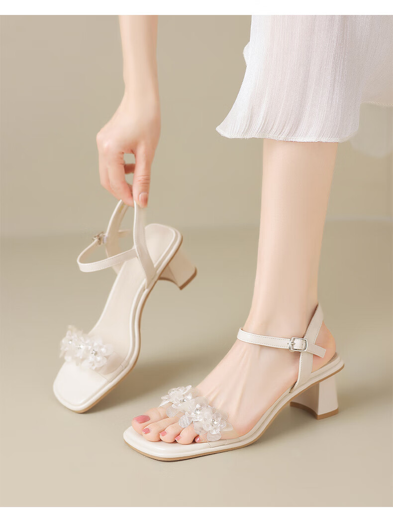 ZHR Women's Summer Sandals Fairy Style Thick High Heels Open Toe One-Strap Shoes with Skirt KN139 Beige Size 35 11