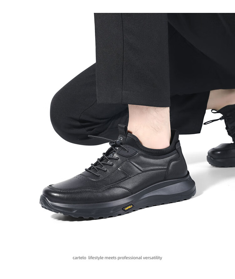CARTELO Genuine Leather Men's Shoes, Business Casual Sports New Style for Autumn And Winter, Soft Thick-Soled Versatile Commuter Work High-End Black 22