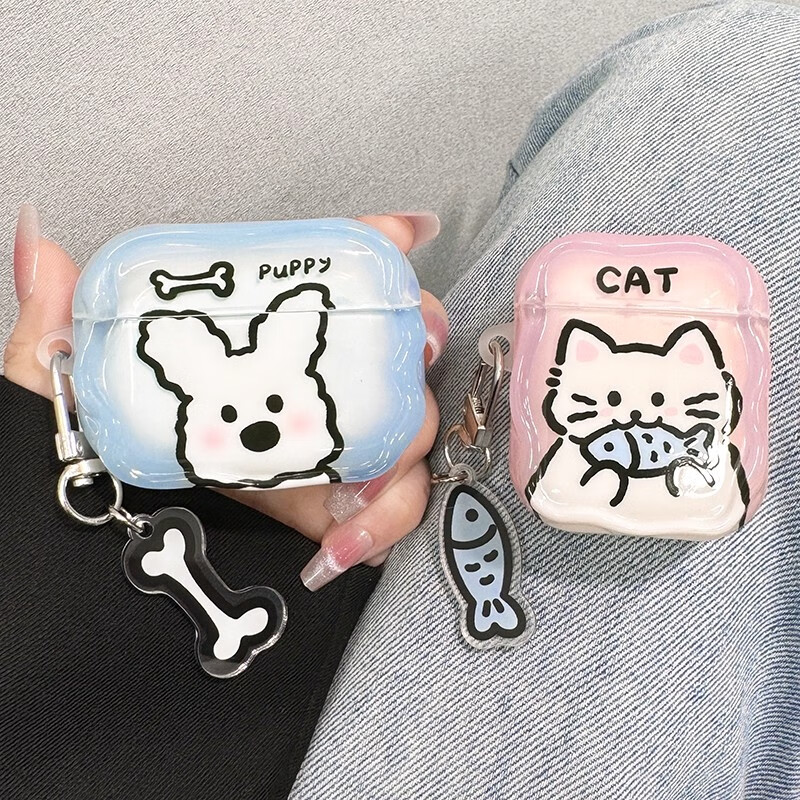Beiyipin Compatible with AirPods 1/2 Generation, Cute Dog And Cat Couple Apple Wireless Bluetooth Earphone Case, AirPods 4 New Model Earphone Cover, Silicone Shockproof Third-Generation Protective Case