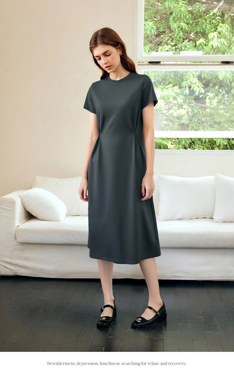 Olrain Eurielle Short Sleeve Dress Women Summer French Style Waist Slim Knitted Long Dress Dark Gray XL 20