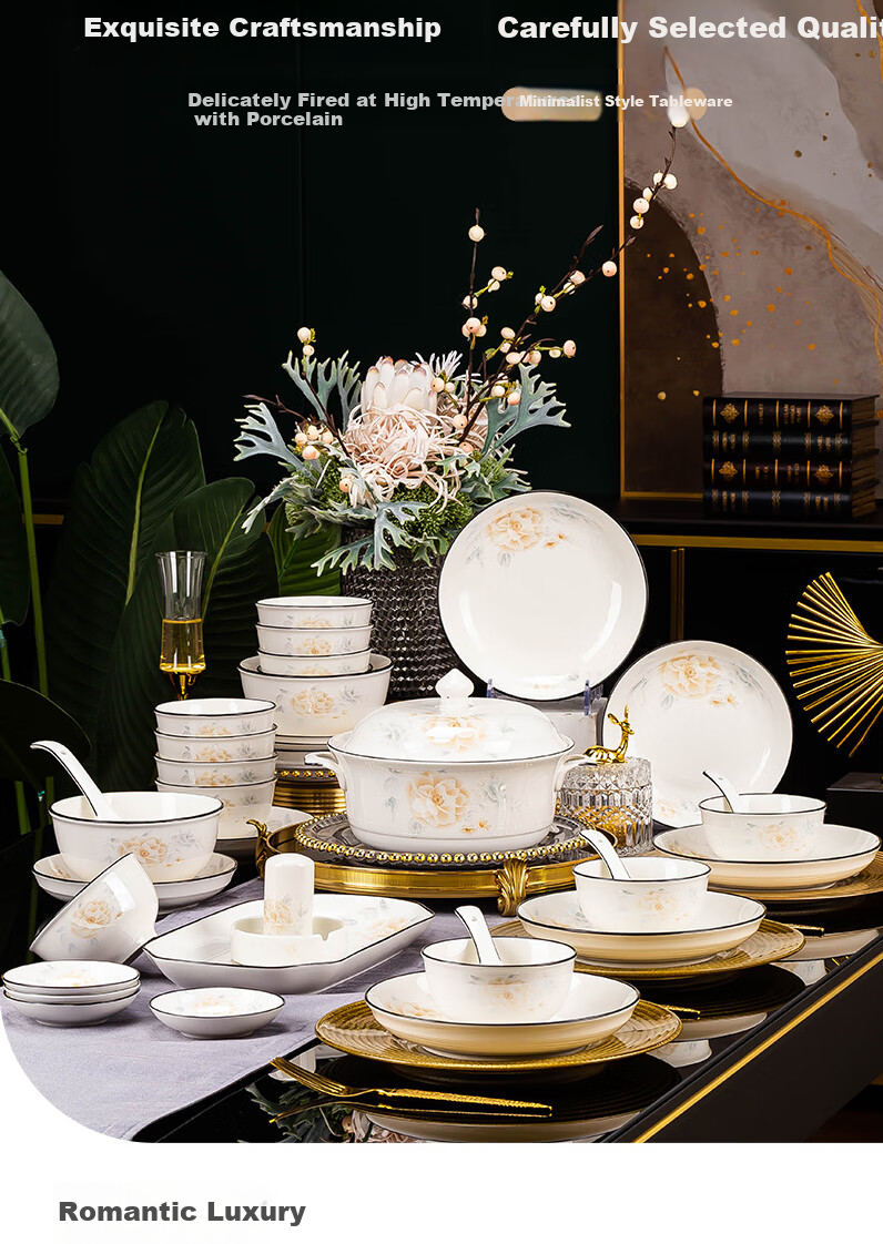 Haoya 78-Piece Bowl And Plate Set, Chinese Jingdezhen Tableware Set, Ceramic, Housewarming Gift, Golden Branches And Jade Leaves, Wealthy Stew Pot 1