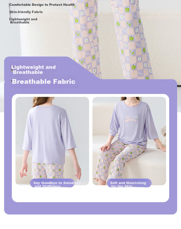 LangSha Children's Pajamas for Girls, Summer Thin Lycra Cotton Three-Quarter Sleeve Sleepwear Set for Middle And High School Students, Teenage Home Wear 5