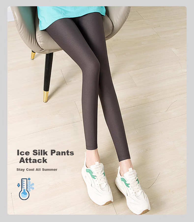 LangSha Ice Silk Leggings for Women, Summer Thin Style, Elastic High-Waisted Slim-Fit Tights, Black Nine-Point Pants 13