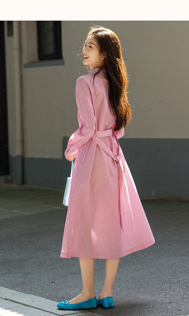 Dme Simple Style Stand Collar Comfortable Cotton Straight Loose-Fitting Dress Shirt-Style Dress for Women, Pink, S 13