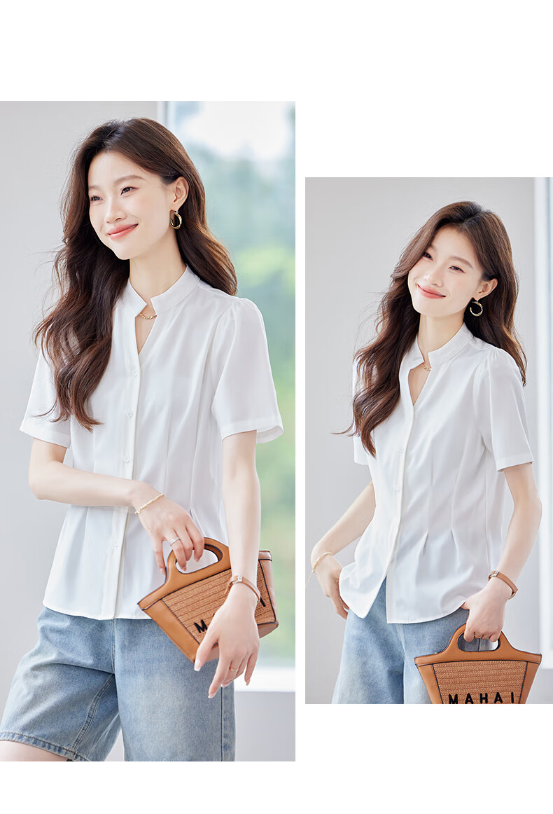 JEANSWEST Women's Short Sleeve Shirt 2025 Summer New High-End Commuter Versatile V-Neck Top White M 7