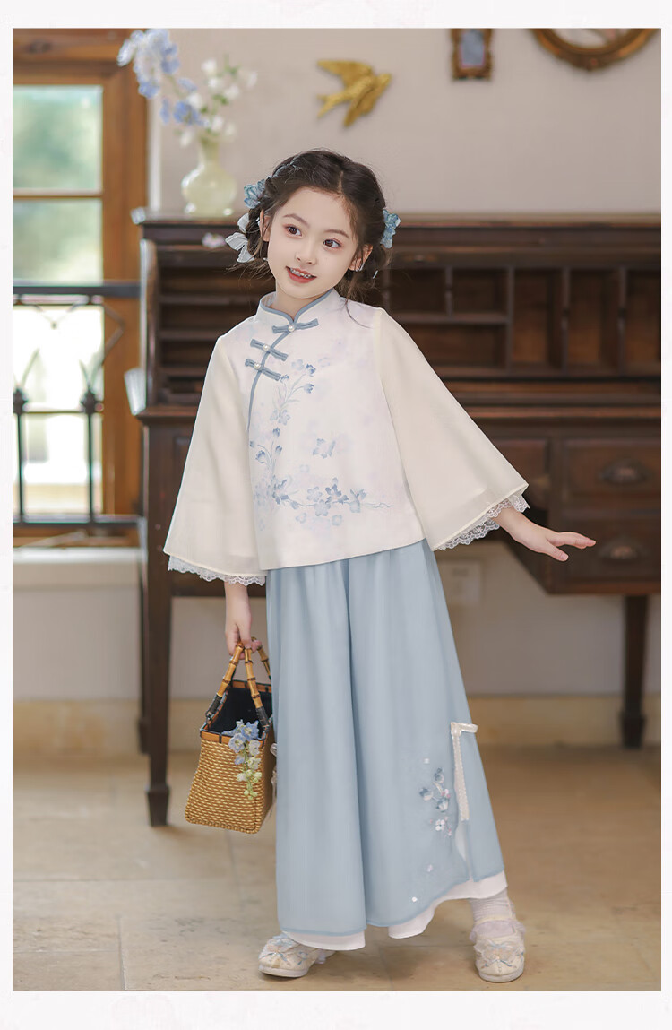 Qibo Hanfu Girls' Spring And Autumn 2026 Mid-Autumn Festival New Style Chinese-Style Tang Suit Children's Outfit Set, Floral Rain Pink, Size 140 16