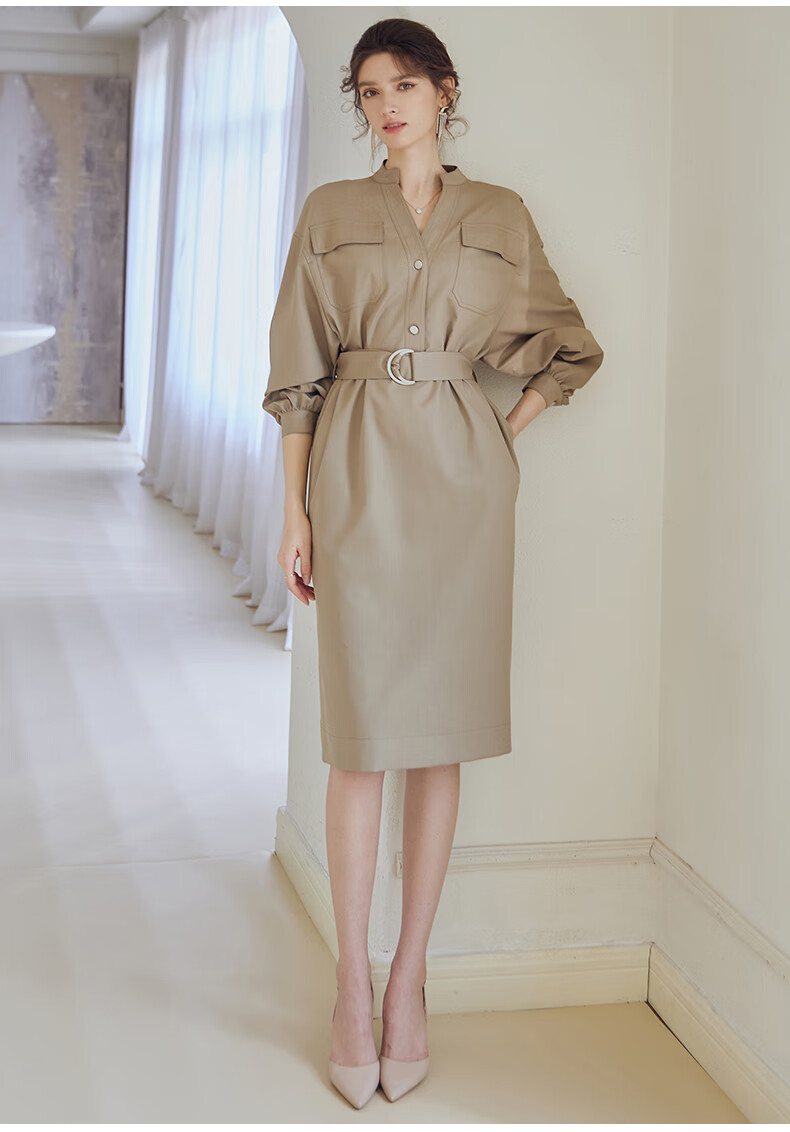 ROEYSHOUSE Waist-Cinching Commuter Dress, 2026 Autumn Collection, Elegant Tie-Waist Midi Skirt 07245, Khaki Green, Size S 4