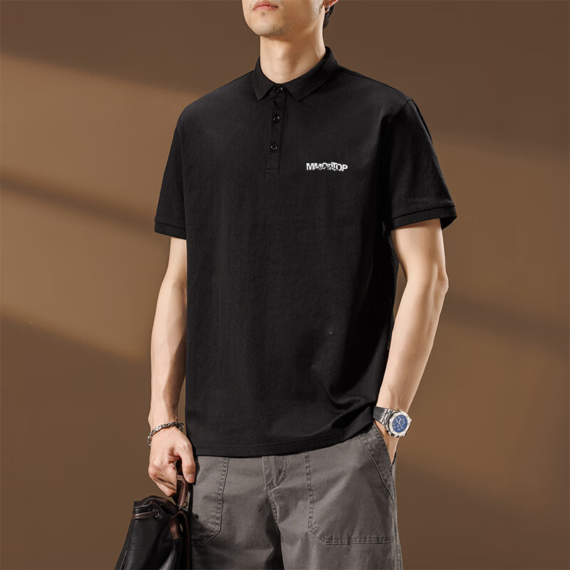 MMOPTOP Father's Day American Print Ice Silk Polo Shirt T-Shirt Men's Summer Business Casual Short Sleeve MP15 Black M