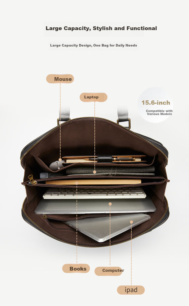 SANWA Imported Genuine Leather Briefcase Handbag for Men, Top-Grain Cowhide 14-Inch Business Laptop Bag, Shoulder Crossbody Bag 5