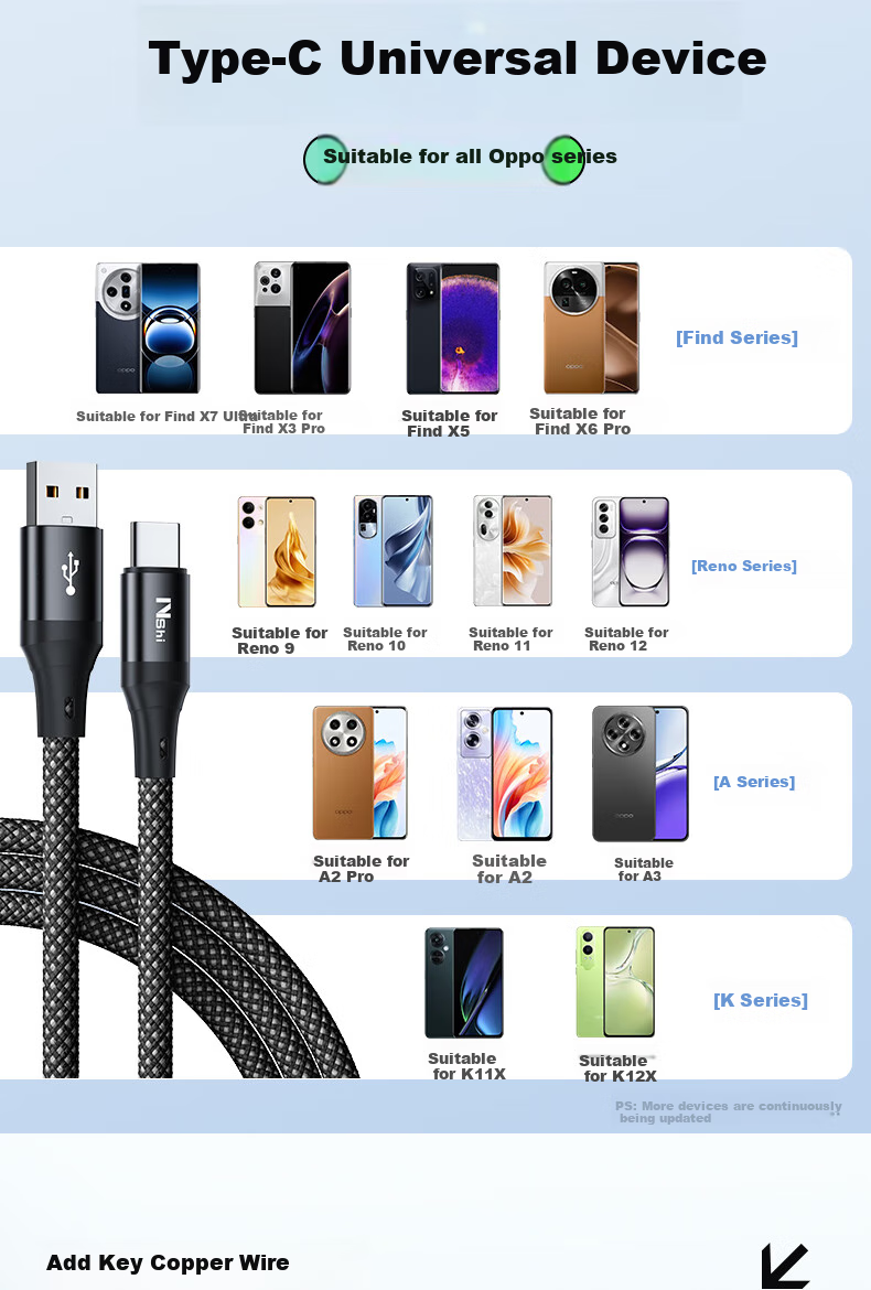 Nengshi Compatible with OPPO Data Cable, Type-C Charging Cable, 80W/65W Super Fast Charging, for FindX7/6/5/Reno12/11/10/9 Zhenwo Phones, Flash Charging Cable, 1 Meter 7