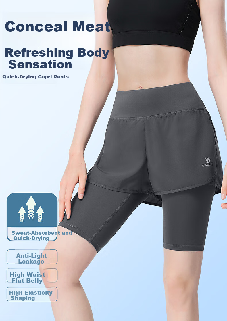 CAMEL Faux Two-Piece Quick-Dry Women's Sports Pants, Elastic Running Fitness Shorts, Y24BA4L0037M, Misty Gray, L 2