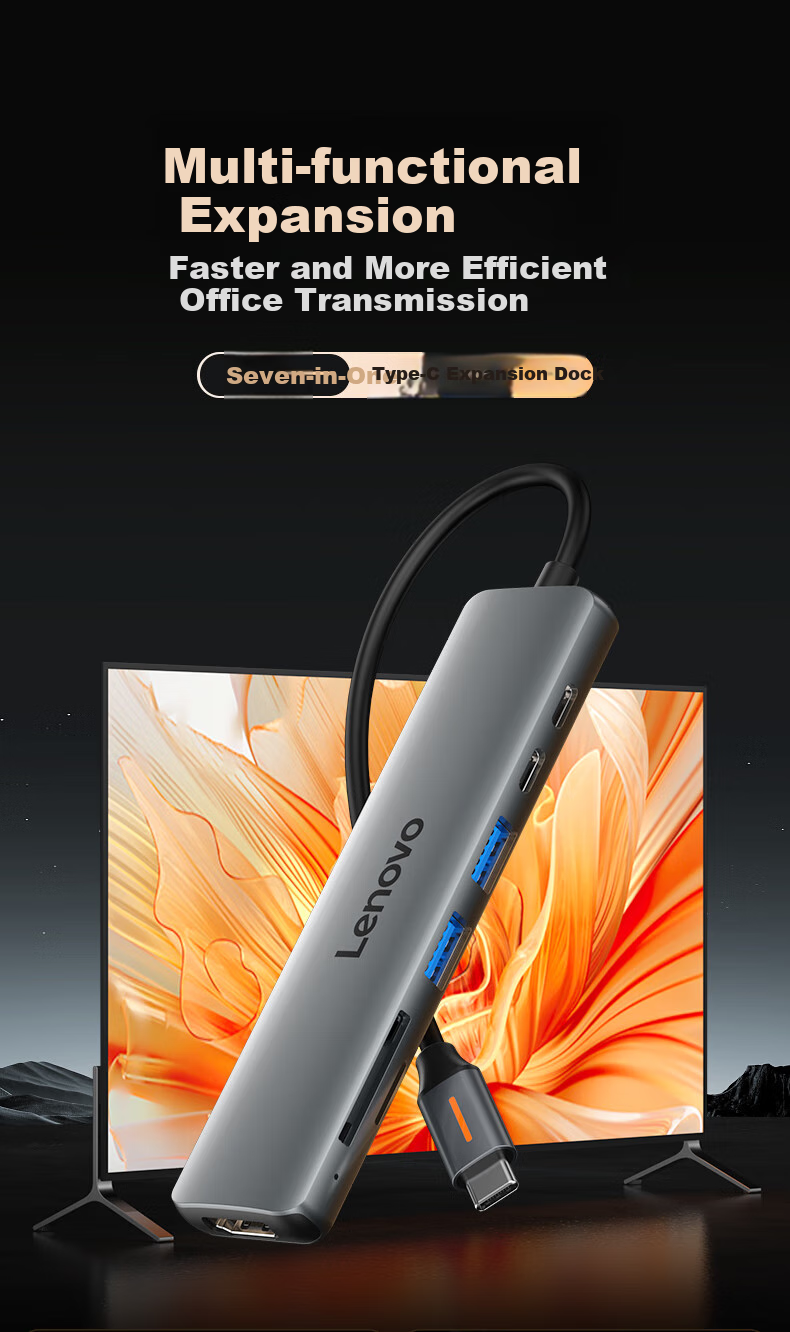 Lenovo Type-C Expansion Dock, USB-C to HDMI Converter, USB3.0 Hub, Laptop Splitter, 4K60Hz Screen Mirroring, PD Fast Charging, Multi-Port Adapter 1