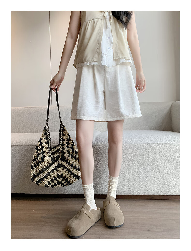 LangSha Milk Puff Suit Shorts for Women, Ice Silk Summer New High-Waist Loose Casual Mid-Length Pants, Relaxed Loose-Fitting Five-Point Shorts 22